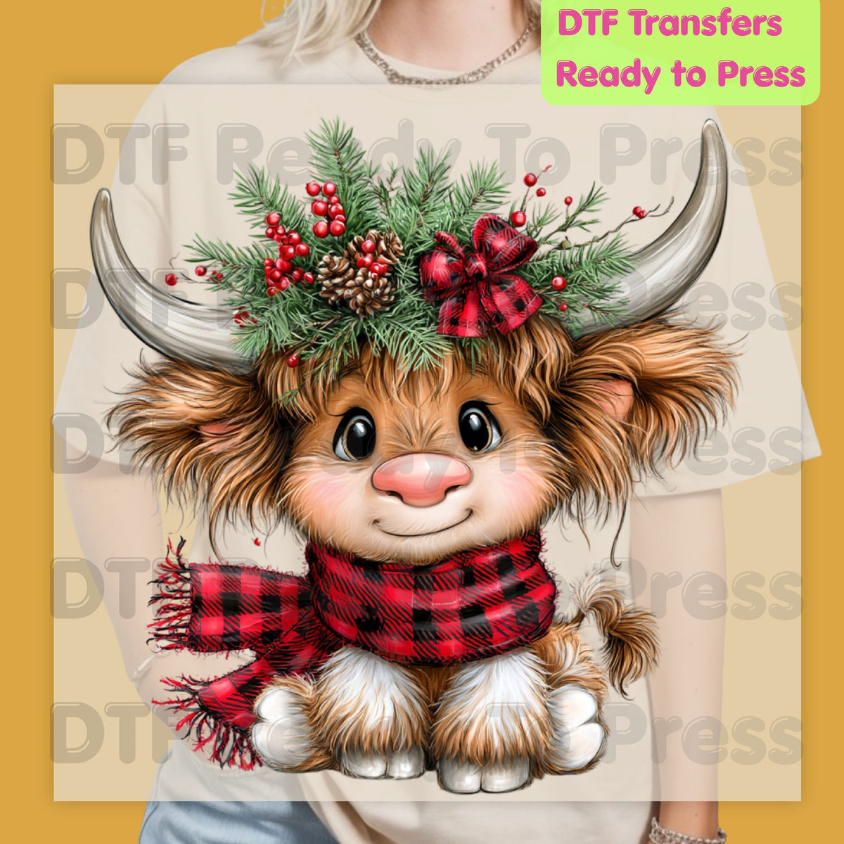 Baby Highland Cow DTF Transfers, Plaid Scarf Cute Christmas Holiday Ready to Press