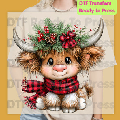 Baby Highland Cow DTF Transfers, Plaid Scarf Cute Christmas Holiday Ready to Press
