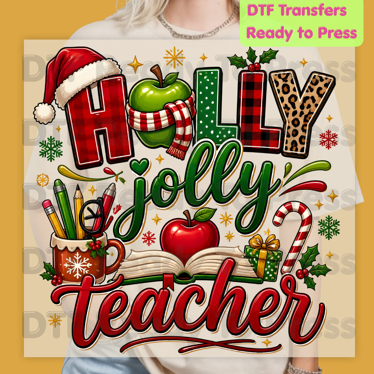 Holly Jolly Teacher DTF Transfers, Christmas School Apple Leopard Book Plaid Holiday Ready to Press