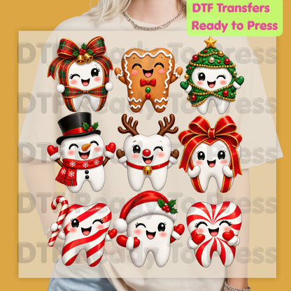 Christmas Dental DTF Transfers, Cute Gingerbread Teeth Dentist Holiday Characters Ready to Press