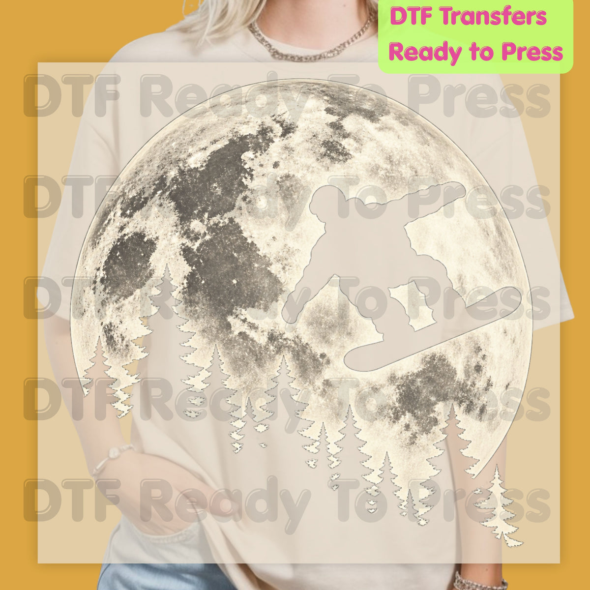 Snowboarding DTF Transfer, Full Moon Snowboarder and Pine Tree Silhouette