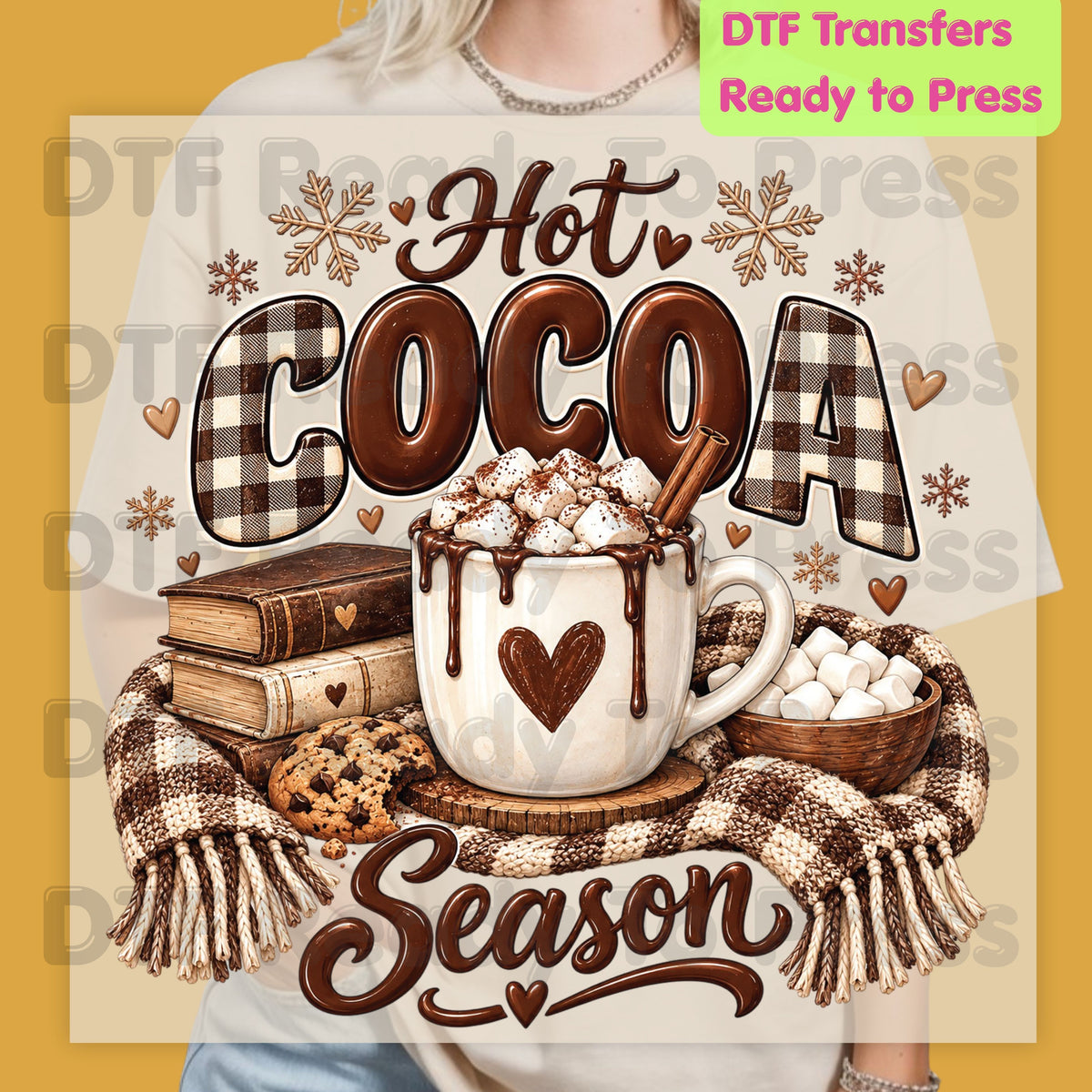 Christmas DTF Transfer, Hot Cocoa Season, Books and Cookies