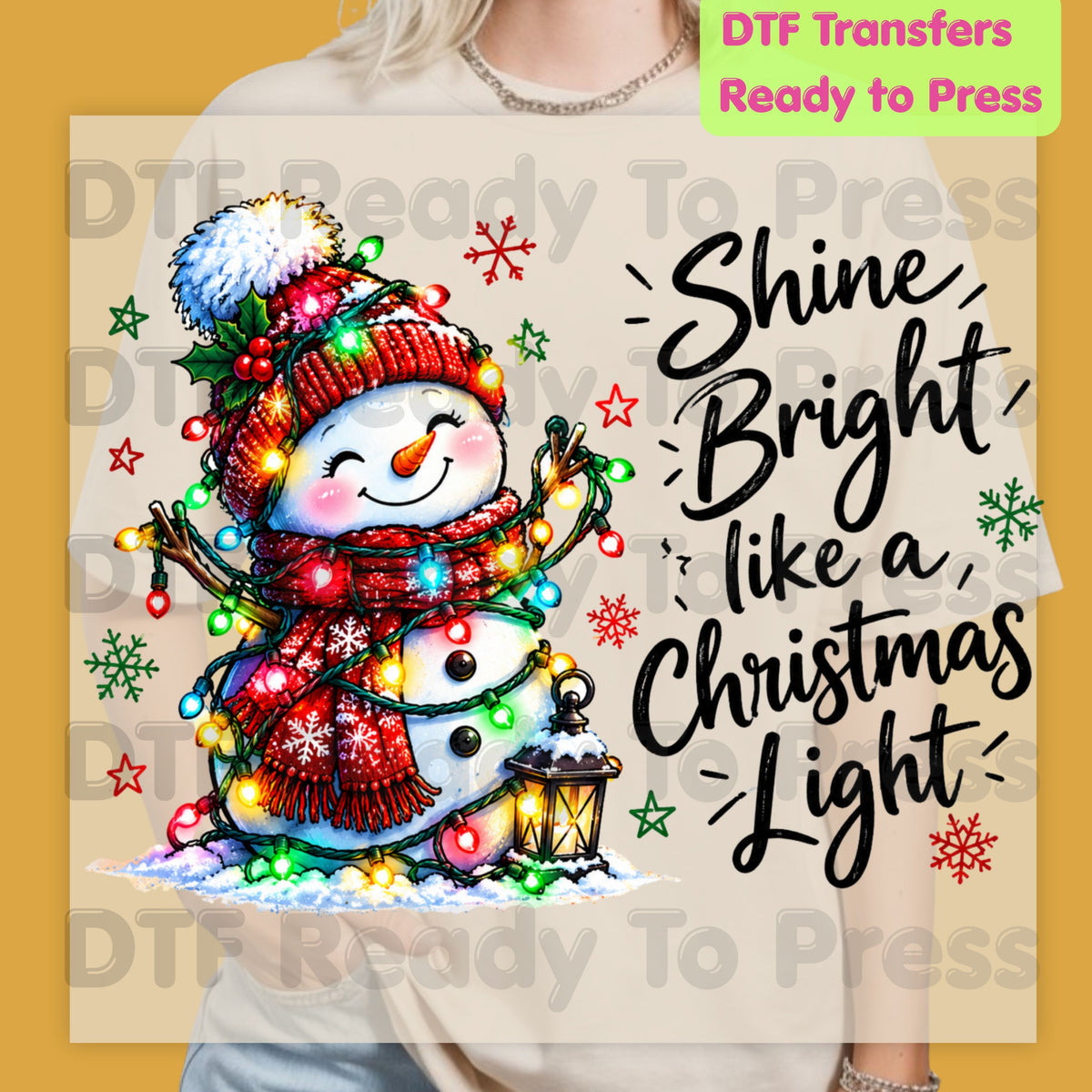 Shine Bright Christmas Snowman DTF Transfers, Holiday Lights Beanie Cute Winter Ready to Press