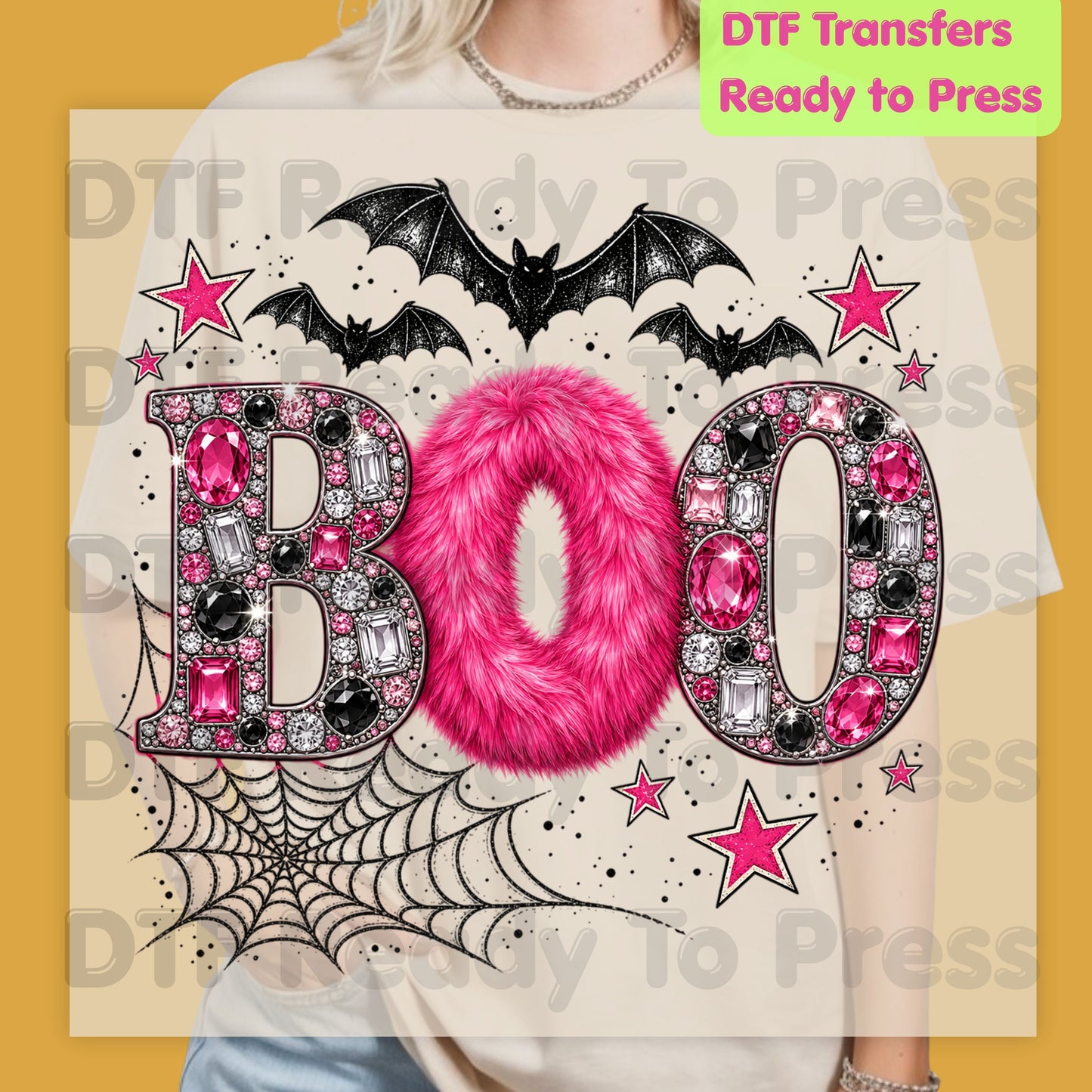 Boo Pink Glitter Bats DTF Transfers, Halloween Spider Web Sparkle Ready to Press