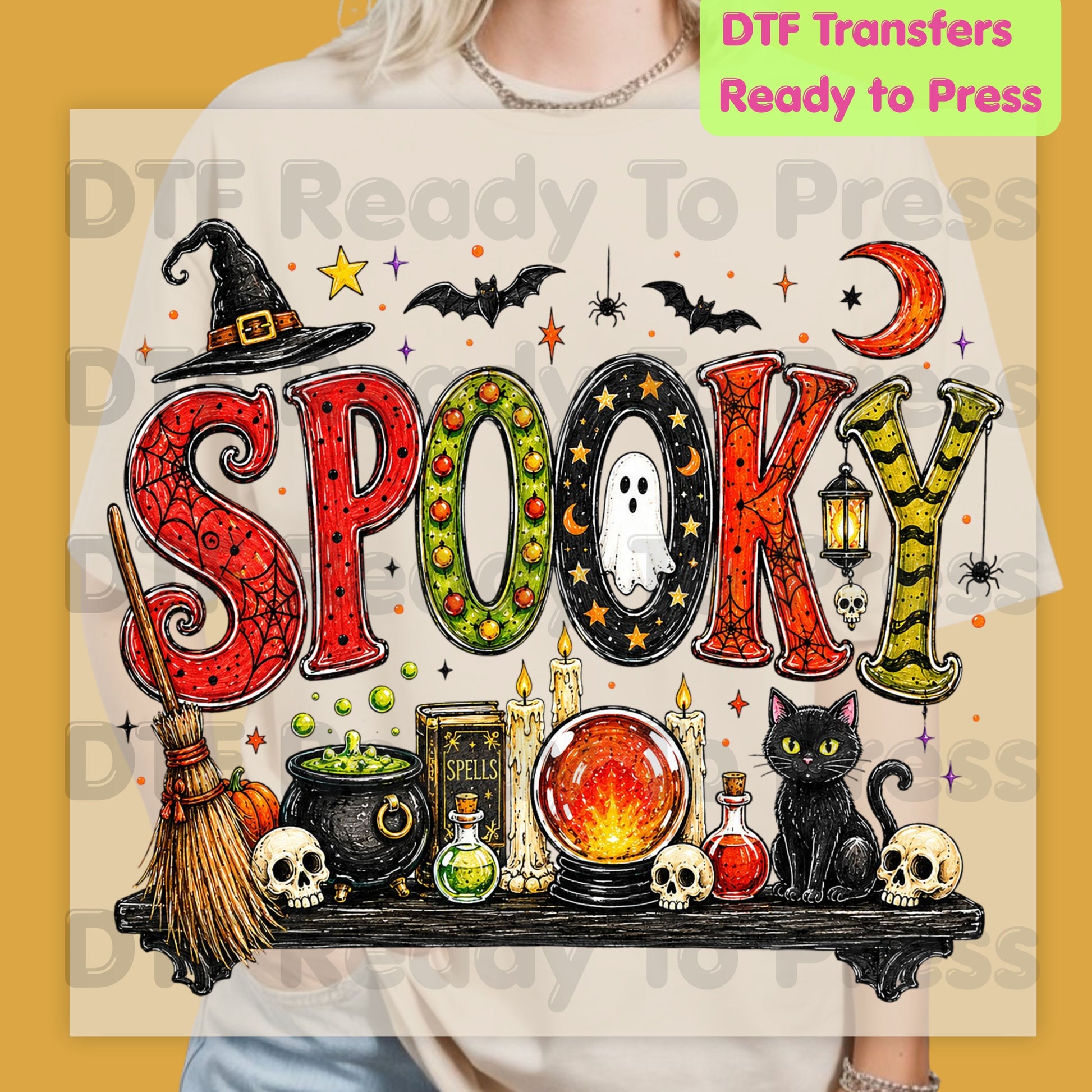 Halloween Spooky Witch Shelf DTF Transfers, Black Cat Crystal Ball Cauldron Potion Skull Ready to Press