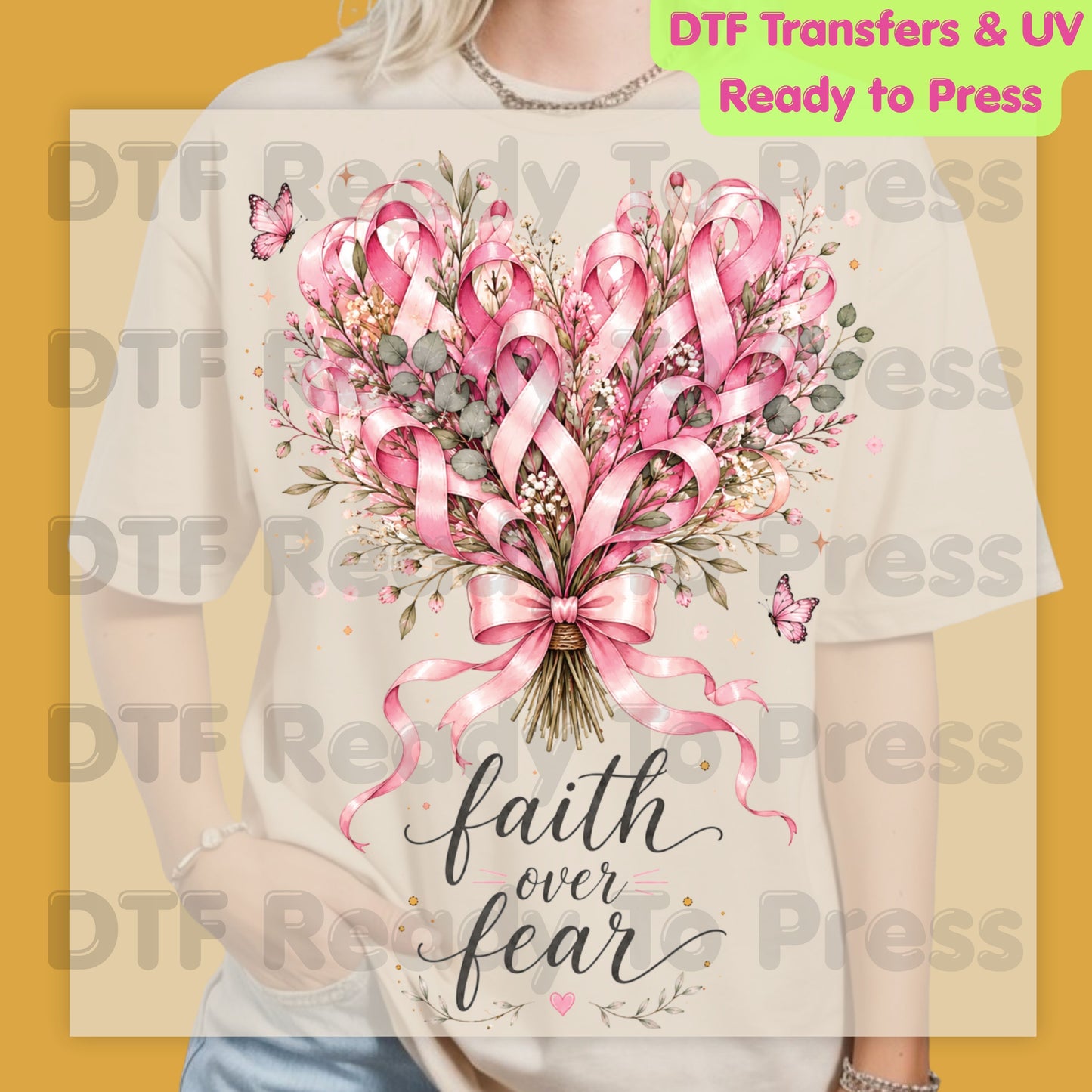 Faith Over Fear Breast Cancer Awareness DTF Transfer Ready to Press Heat Transfer Pink Ribbon Bouquet Tee