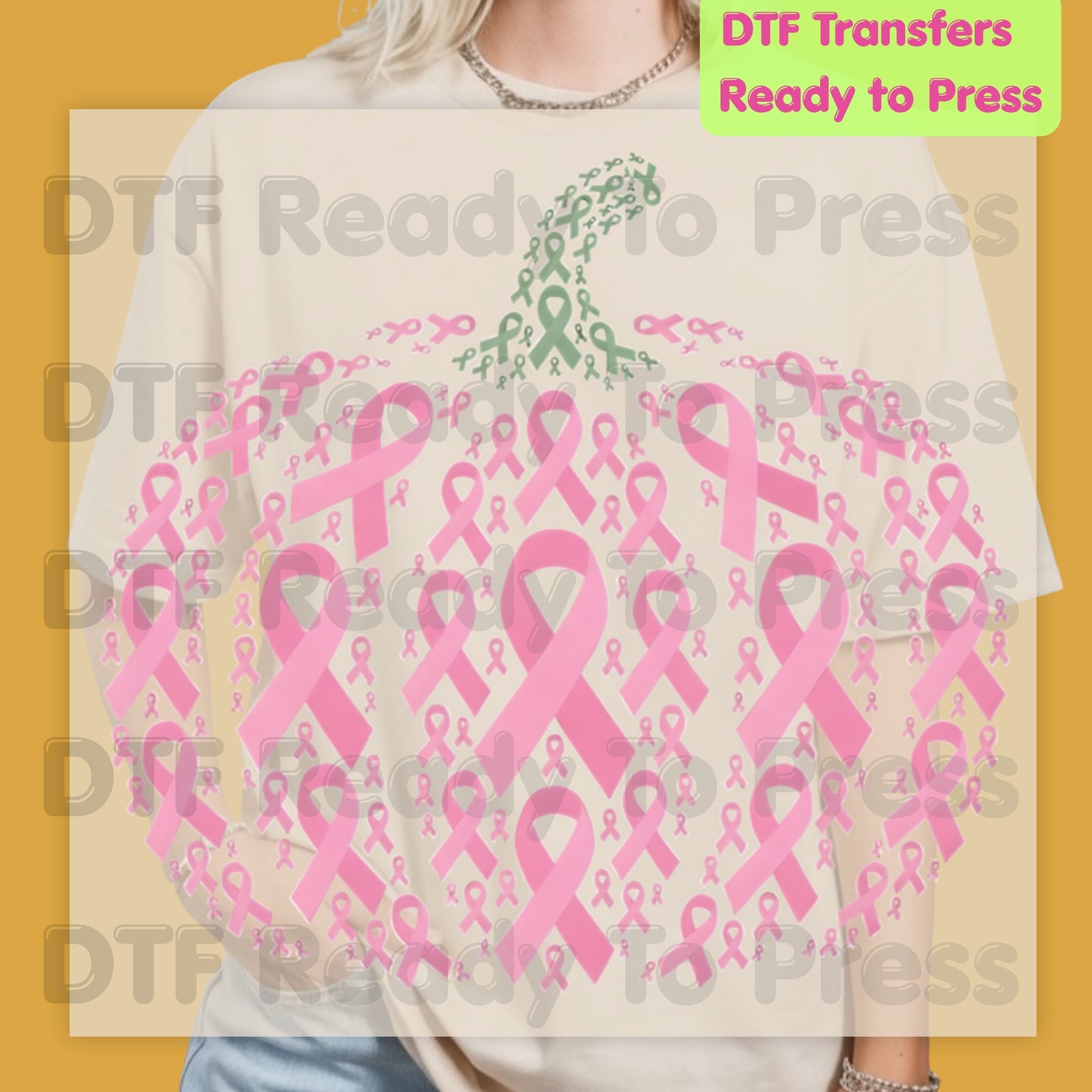 Pink Ribbon Pumpkin Breast Cancer Awareness DTF Transfer Ready to Press Fall Heat Transfer Tee