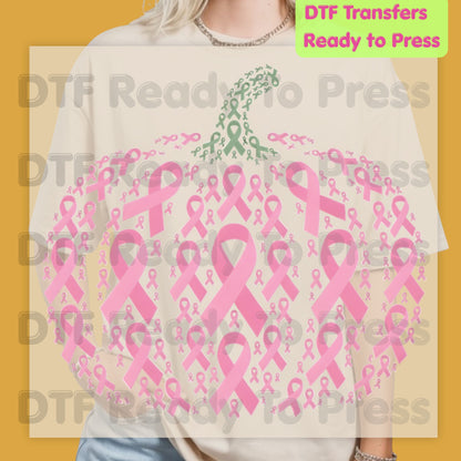 Pink Ribbon Pumpkin Breast Cancer Awareness DTF Transfer Ready to Press Fall Heat Transfer Tee
