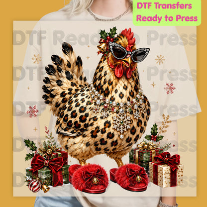 Funny Chicken DTF Transfers, Leopard Print Sunglasses Red Slippers Christmas Holiday Ready to Press