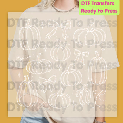 Halloween DTF Transfers, Coquette Pumpkins Bows Line Art Fall Pumpkin Outline Ready to Press