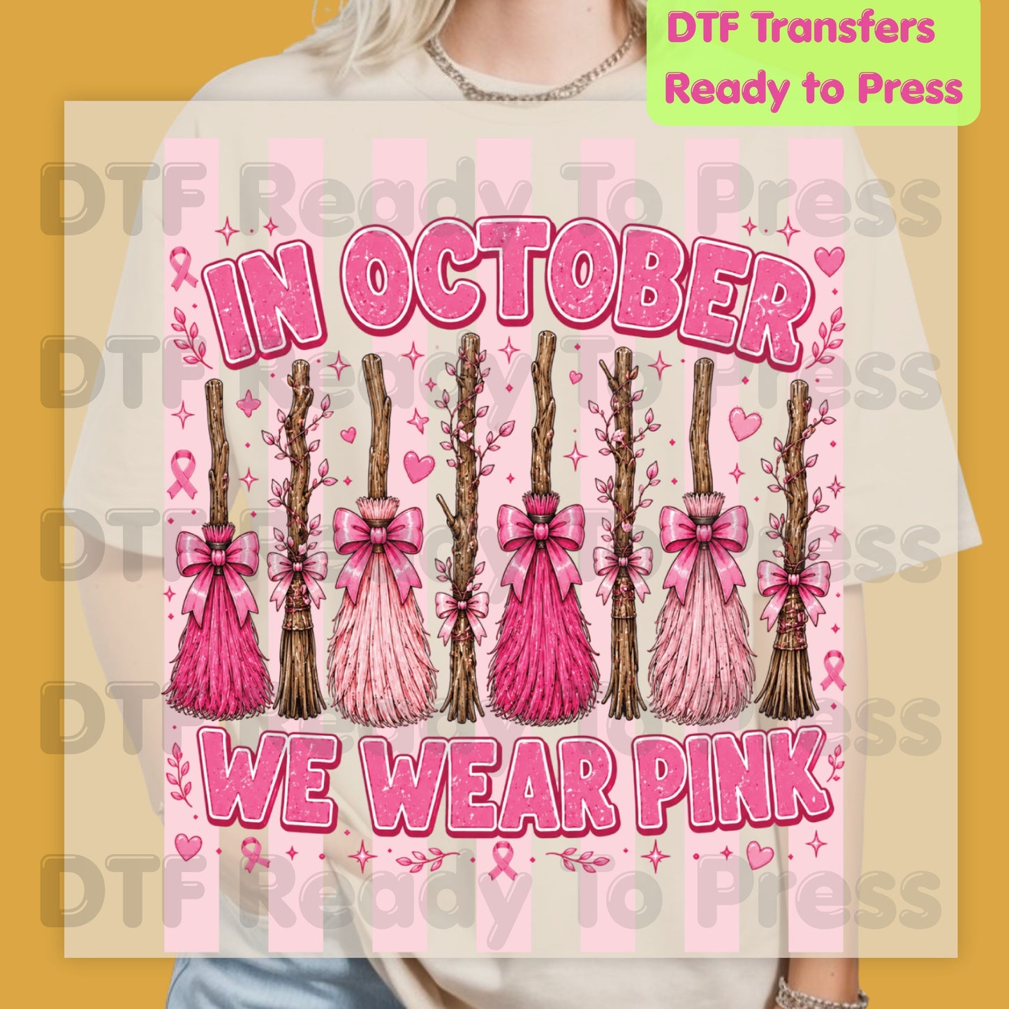 In October We Wear Pink Witch Brooms Breast Cancer Awareness DTF Transfer Ready to Press Heat Transfer Tee