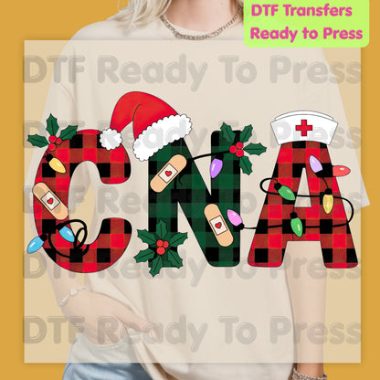 Christmas CNA Buffalo Plaid DTF Transfers, Medical Nursing Lights Bandage Holiday Ready to Press
