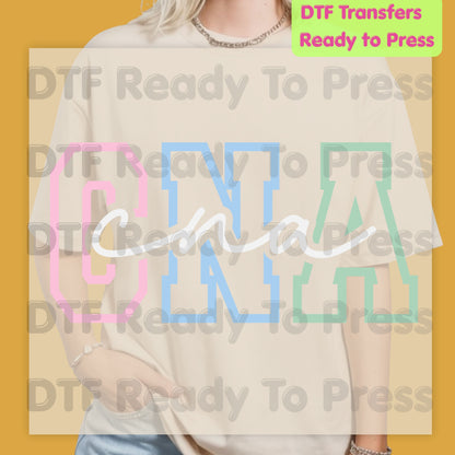 CNA Pastel Varsity DTF Transfers, Certified Nursing Assistant Medical Block Script Ready to Press