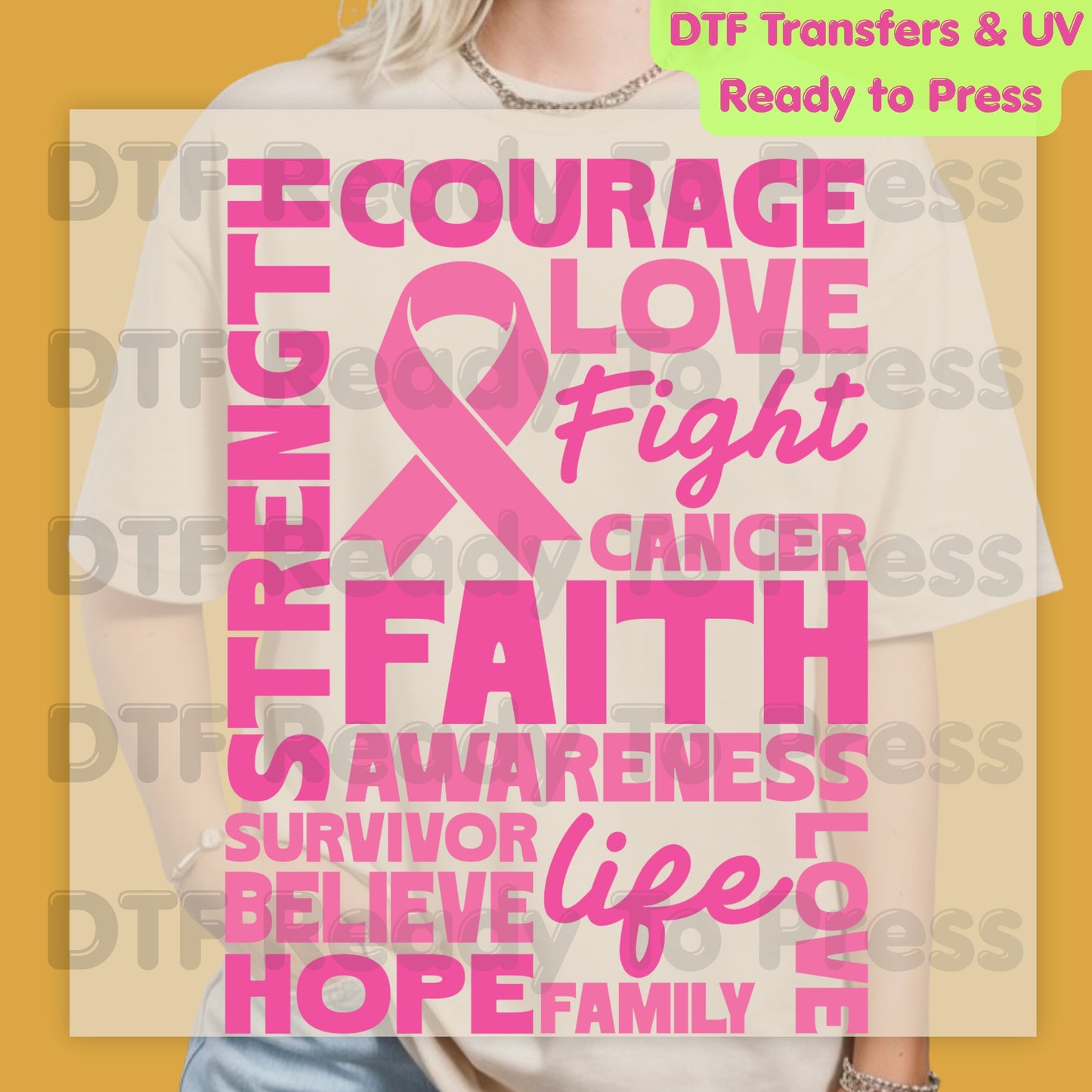 Courage Love Faith Breast Cancer Awareness DTF Transfer Ready to Press Heat Transfer Pink Ribbon Words Tee