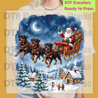 Christmas DTF Transfer, Santa Sleigh with Flying Rottweiler Dogs