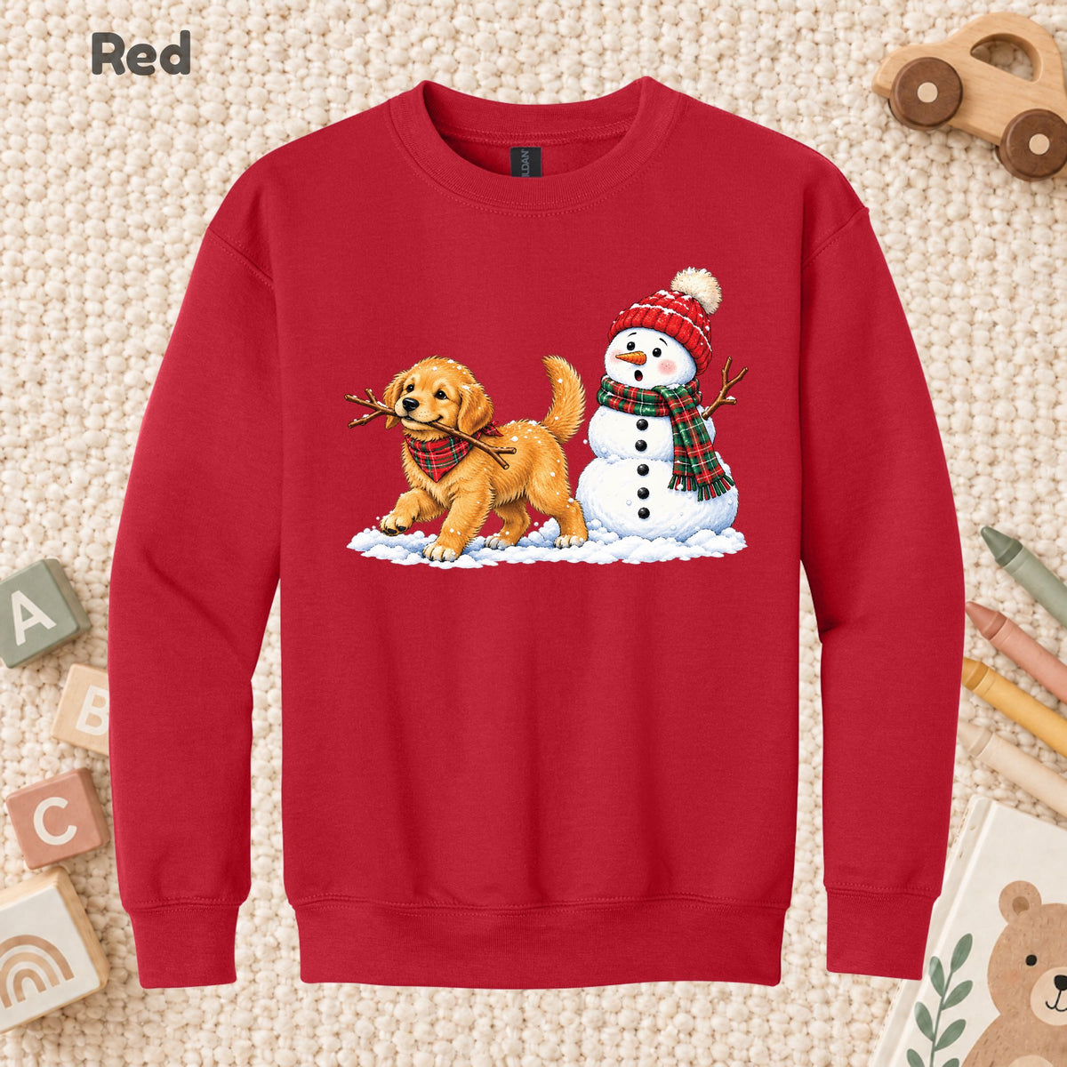Golden Retriever Christmas T-Shirt, Puppy and Snowman Plaid Scarf Tee, Cute Winter Sweatshirt