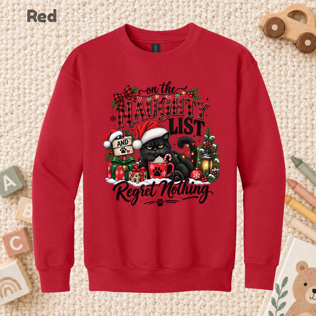 Naughty List Cat T-Shirt, Funny Christmas Black Cat Santa Hat Tee, Holiday Sweatshirt
