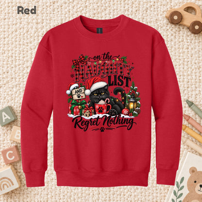 Naughty List Cat T-Shirt, Funny Christmas Black Cat Santa Hat Tee, Holiday Sweatshirt