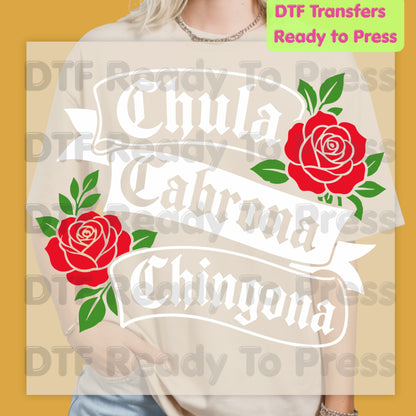 Chingona Rose DTF Transfers, Latina Power Red Rose Chicana Old English Font Ready to Press