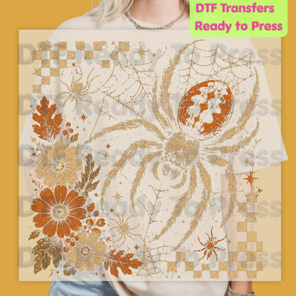 Vintage Fall Halloween Spider DTF Transfers, Floral Spiderweb Checkered Spooky Season Ready to Press