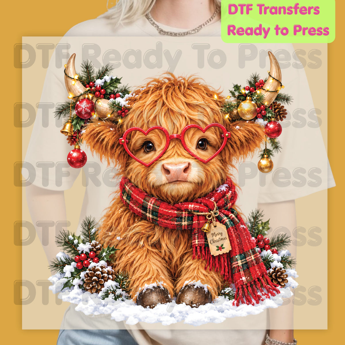 Christmas DTF Transfer, Highland Cow with Heart Glasses, Scarf and Ornaments
