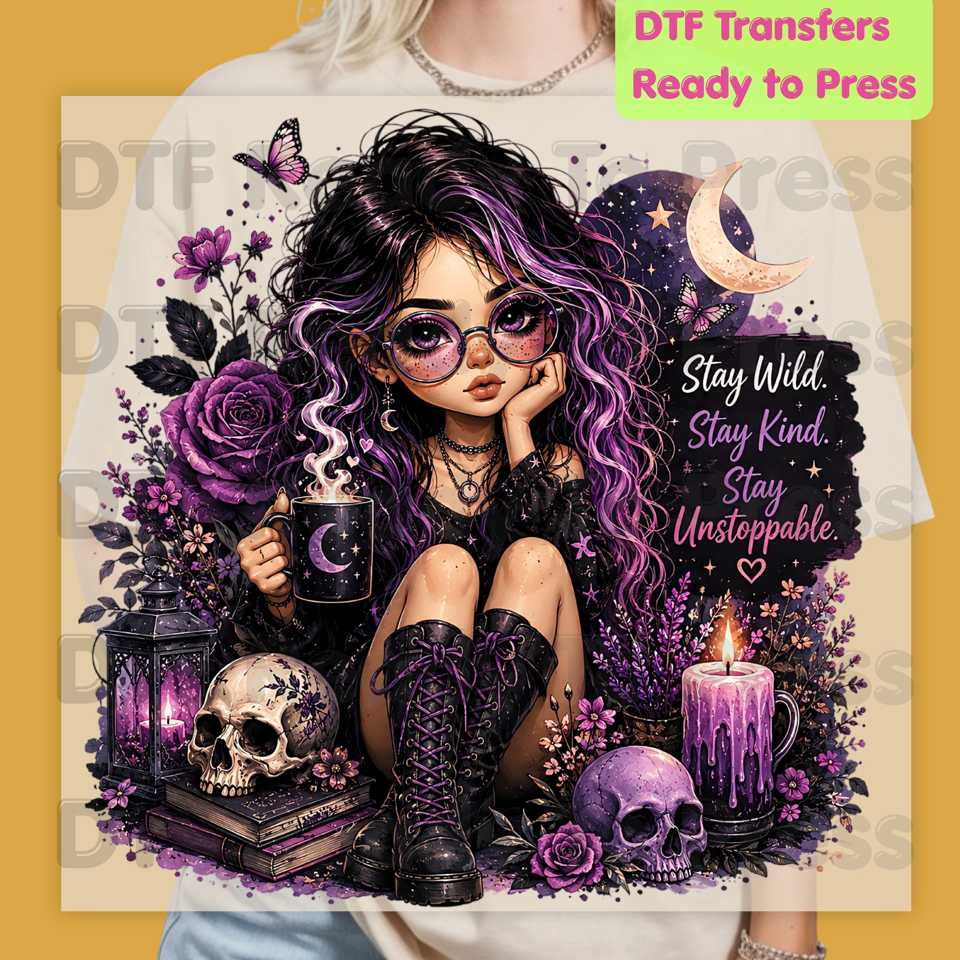 Stay Wild Stay Kind DTF Transfers, Purple Goth Girl Skull Crescent Moon Witchy Ready to Press