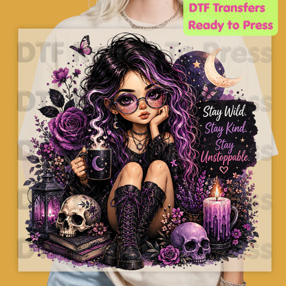 Stay Wild Stay Kind DTF Transfers, Purple Goth Girl Skull Crescent Moon Witchy Ready to Press