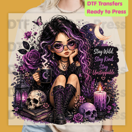 Stay Wild Stay Kind DTF Transfers, Purple Goth Girl Skull Crescent Moon Witchy Ready to Press