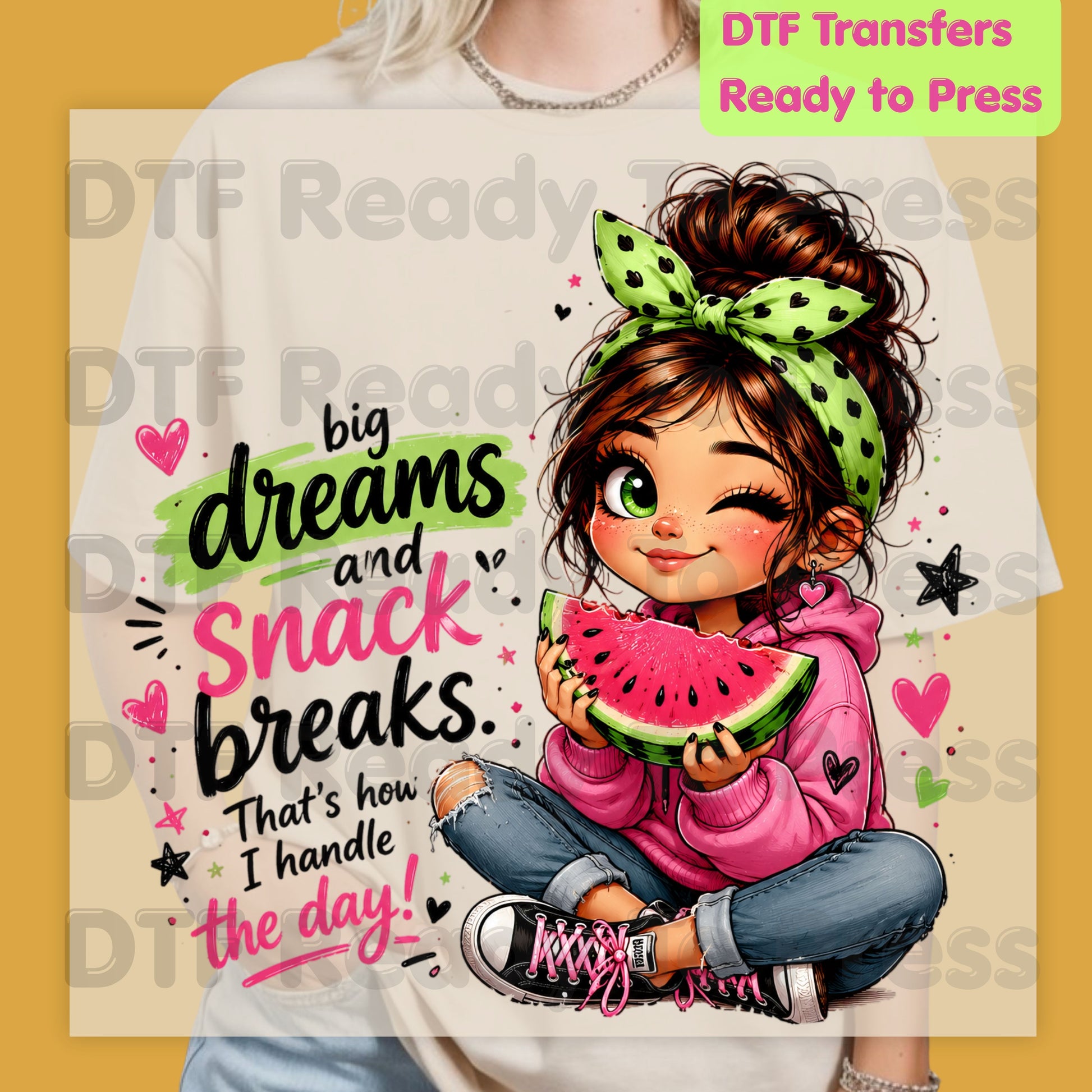Big Dreams Snack Breaks DTF Transfers, Cute Watermelon Girl Sassy Summer Quote Ready to Press