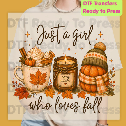 Just A Girl Who Loves Fall DTF Transfer Ready to Press Pumpkin Spice Latte Candle Beanie Heat Transfer Shirts Autumn Vibe Tees
