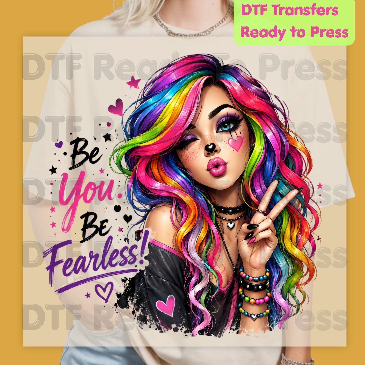Be You Be Fearless DTF Transfers, Rainbow Hair Girl Colorful Girl Power Ready to Press