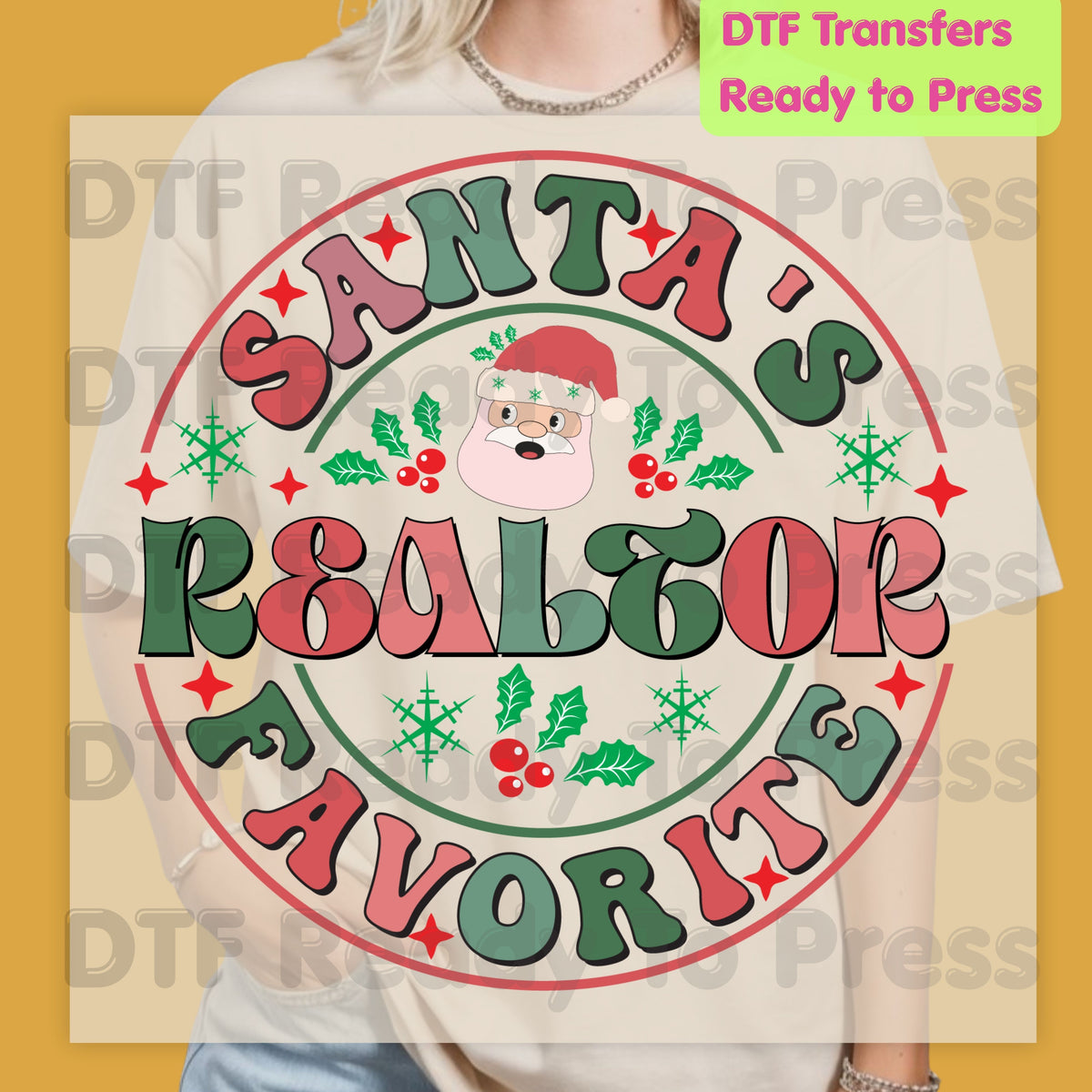 Santa's Favorite Realtor DTF Transfers, Christmas Real Estate Retro Circle Graphic Ready to Press