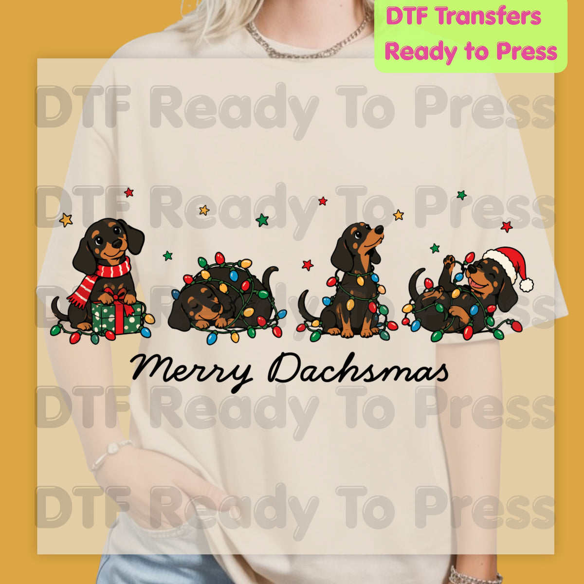 Merry Dachsmas DTF Transfers, Dachshund Dogs Christmas Lights Funny Holiday Ready to Press