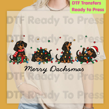 Merry Dachsmas DTF Transfers, Dachshund Dogs Christmas Lights Funny Holiday Ready to Press