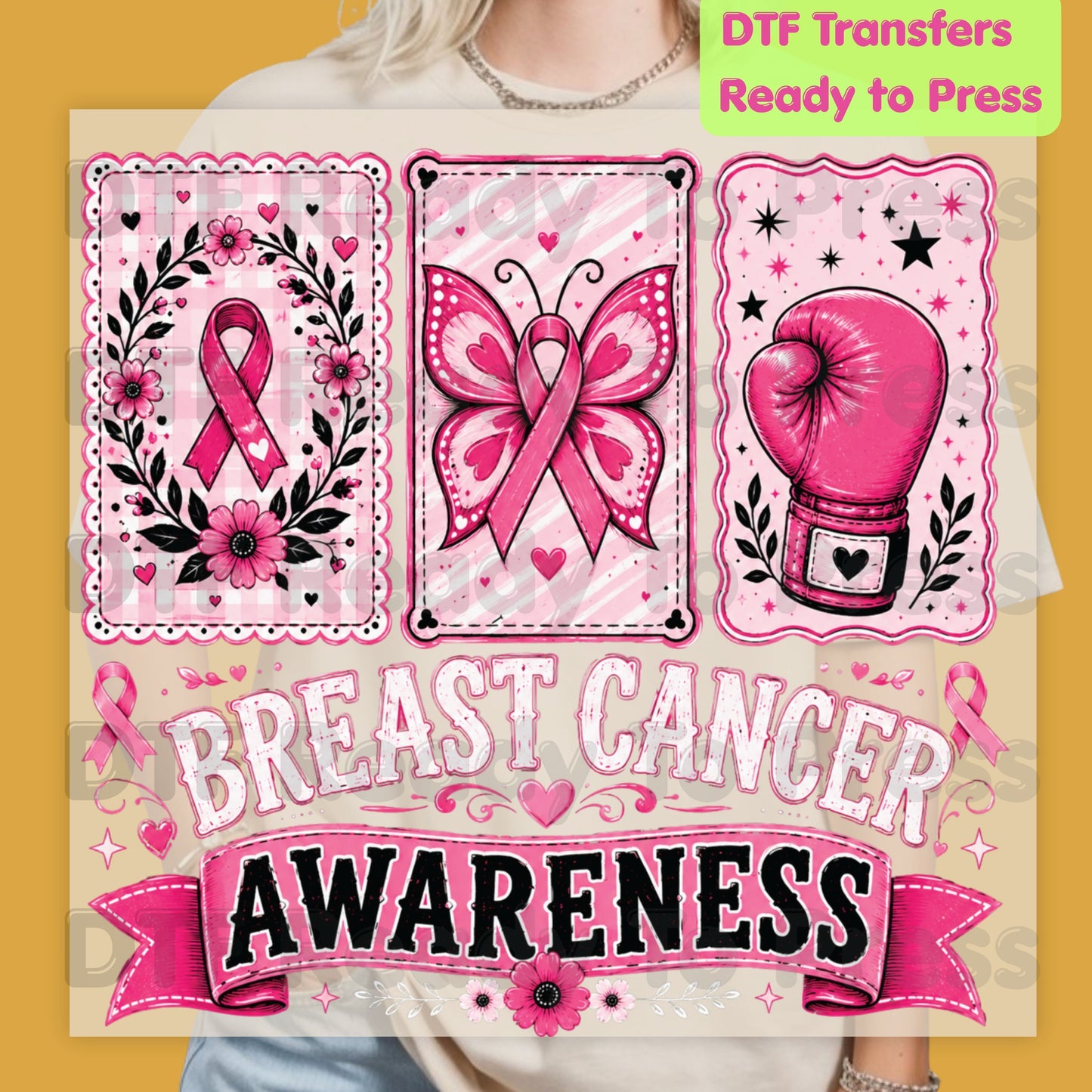 Breast Cancer DTF Transfer Ready to Press Pink Cards Ribbon Butterfly Boxing Glove Heat Transfer Tee Print Direct to Film