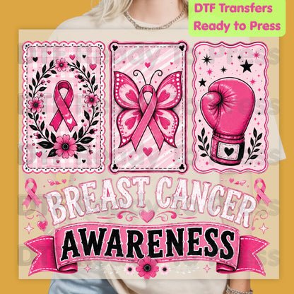 Breast Cancer DTF Transfer Ready to Press Pink Cards Ribbon Butterfly Boxing Glove Heat Transfer Tee Print Direct to Film