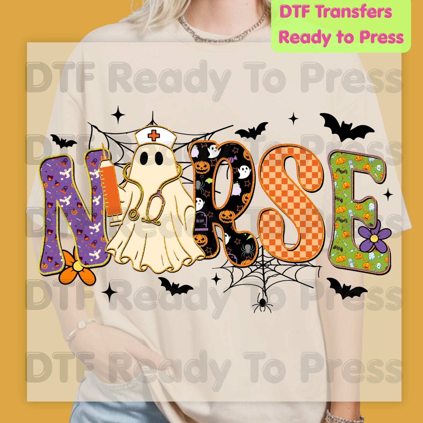 Halloween Nurse Ghost DTF Transfers, Spooky Nurse Life Hat Syringe Bats Ready to Press
