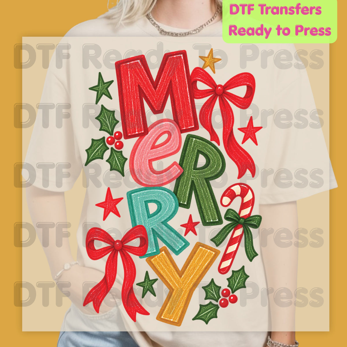Christmas DTF Transfer, Merry Colorful Letters, Red Bow Candy Cane