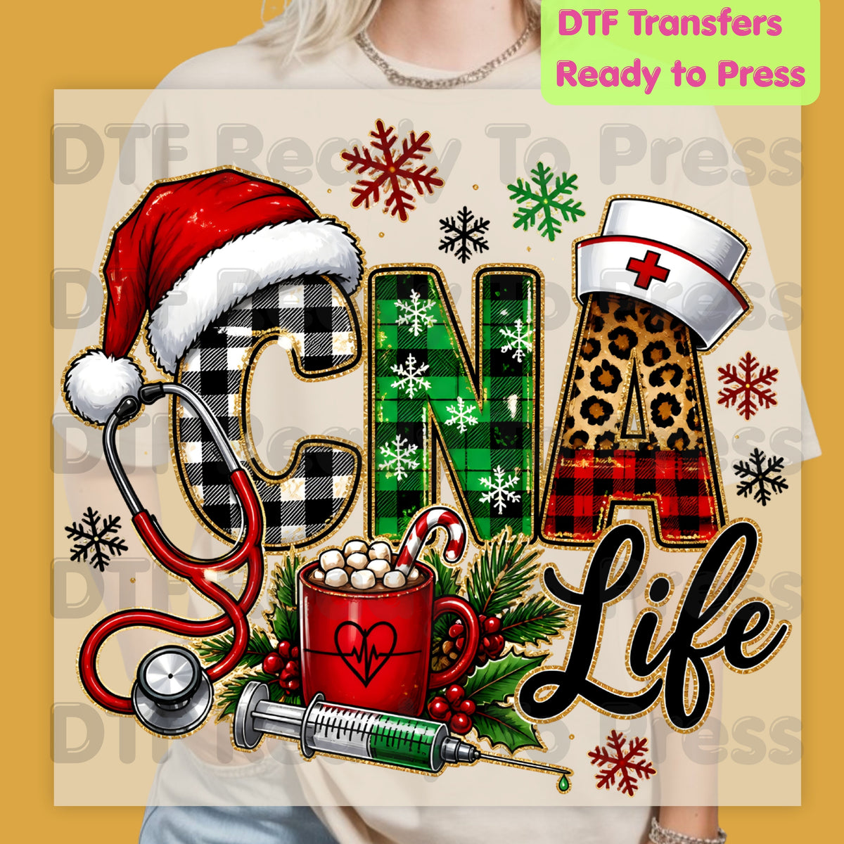 Christmas CNA Life DTF Transfers, Nursing Medical Leopard Plaid Stethoscope Holiday Ready to Press