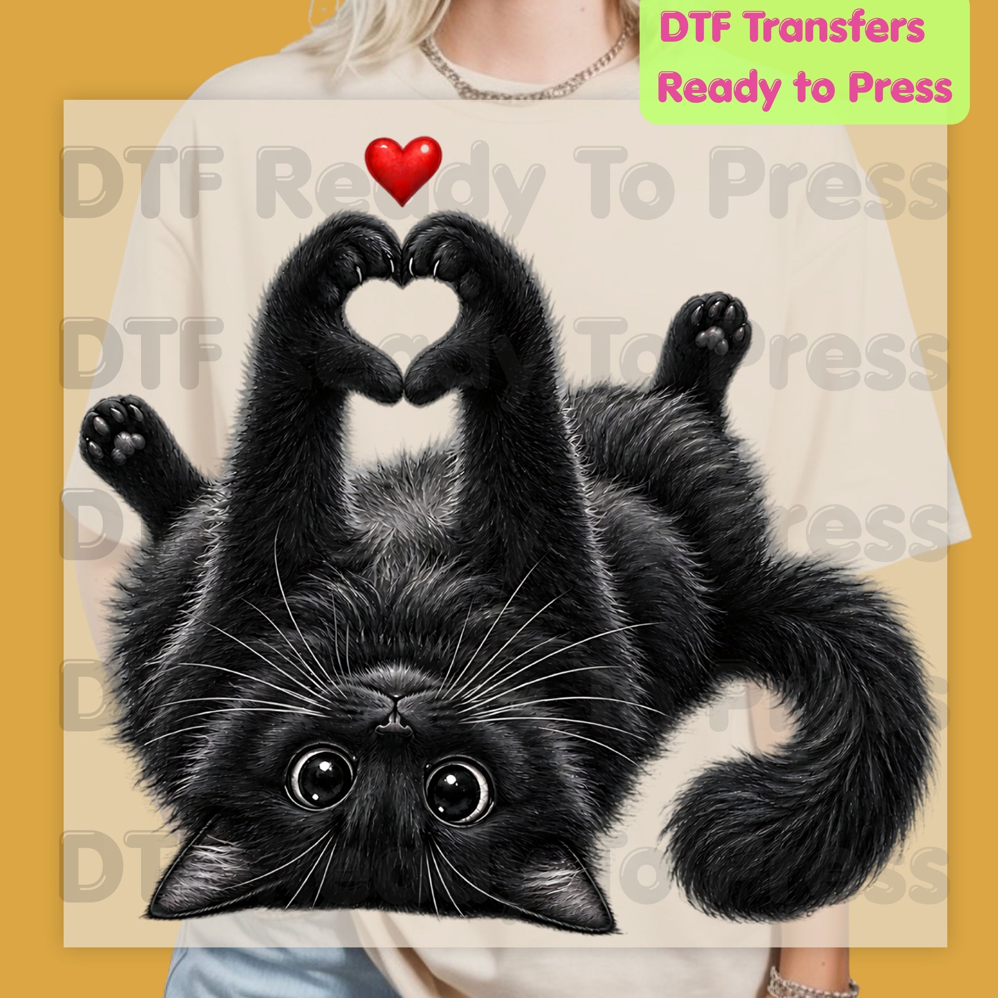 Black Cat Heart Hands DTF Transfers, Cute Kitty Kitten Lover Heart Paws Love Ready to Press