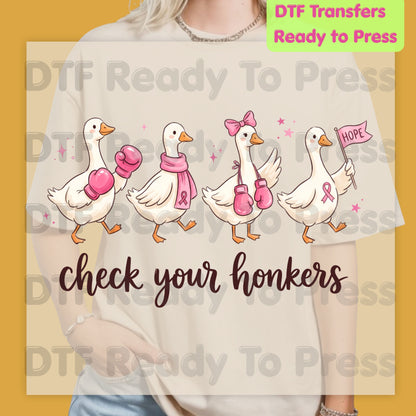 Check Your Honkers Ducks DTF Transfers, Pink Ribbon Boxing Gloves Geese Breast Cancer Awareness Ready to Press