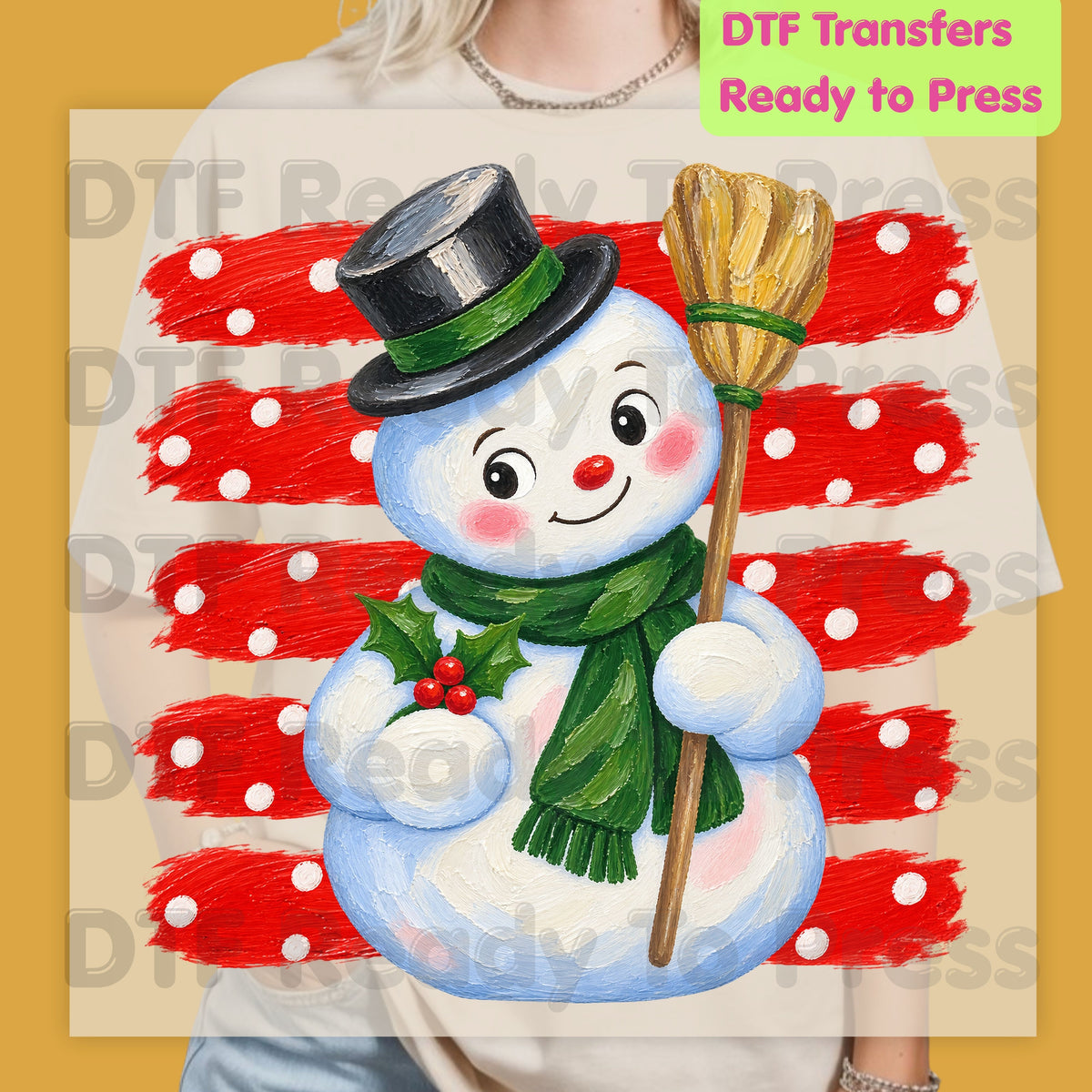 Vintage Snowman DTF Transfers, Top Hat Broom Red Polka Dot Christmas Holiday Ready to Press