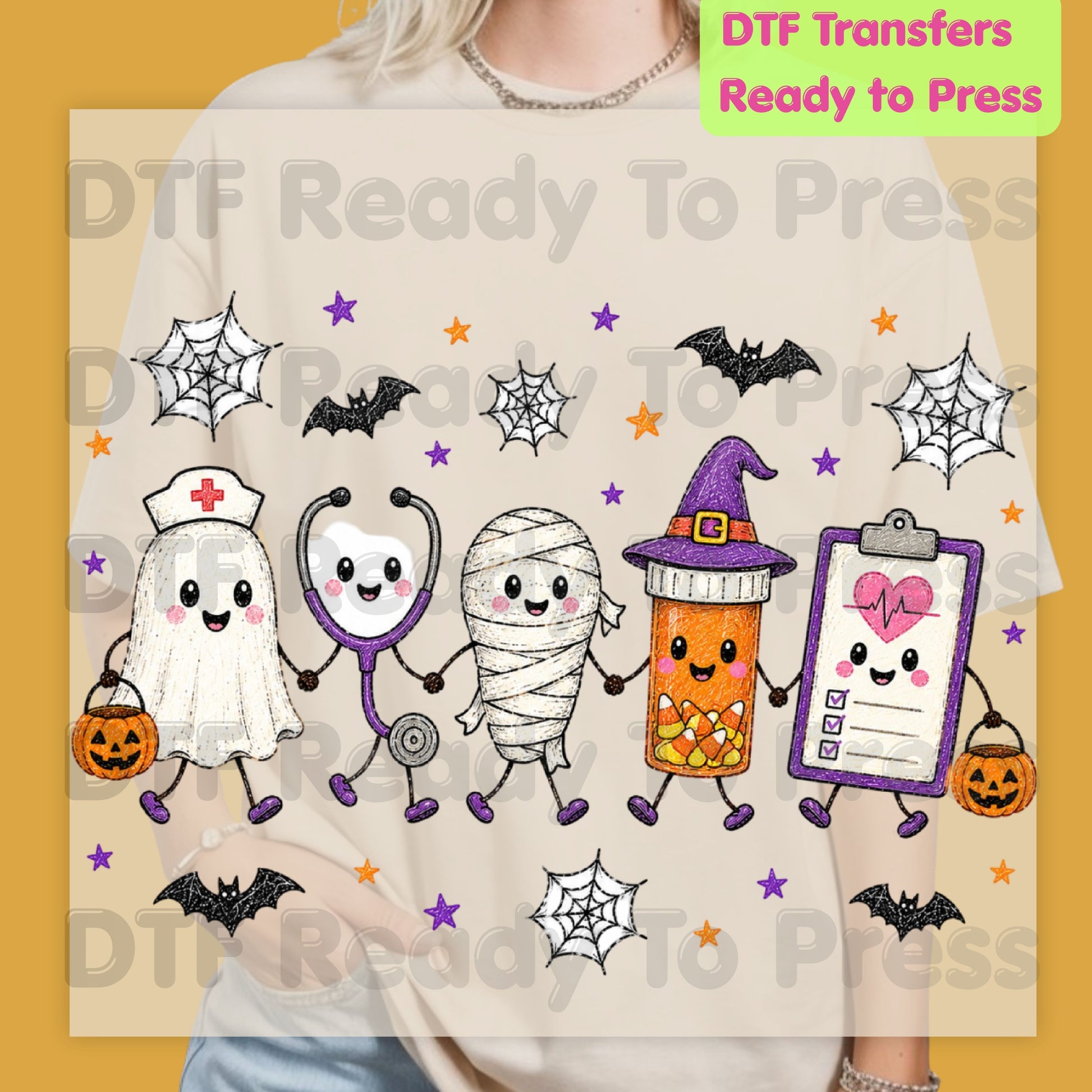 Spooky Nurse Squad DTF Transfers, Halloween Medical Characters Ghost Stethoscope Pill Bottle Ready to Press