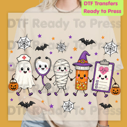 Spooky Nurse Squad DTF Transfers, Halloween Medical Characters Ghost Stethoscope Pill Bottle Ready to Press