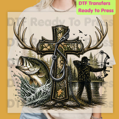 Camo Cross Religious Fishing Hunter DTF Transfer Ready to Press Christian Heat Transfer Outdoors Deer Antler Bass Bow Hunting Tee