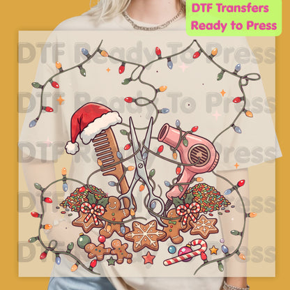 Christmas Hairstylist Gingerbread DTF Transfers, Salon Scissors Dryer Holiday Lights Ready to Press