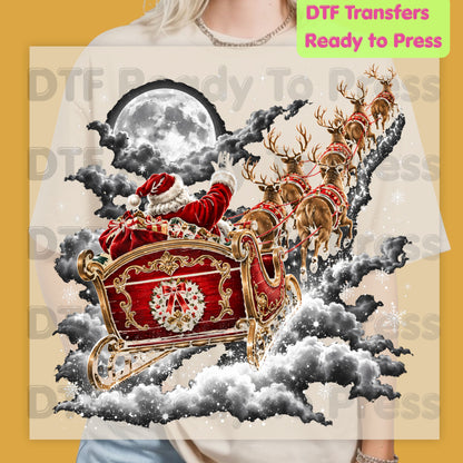 Santa Sleigh DTF Transfers, Flying Night Full Moon Vintage Reindeer Christmas Ready to Press