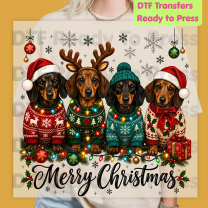 Christmas Dachshund DTF Transfers, Merry Christmas Dogs Santa Hat Holiday Pet Lover Ready to Press