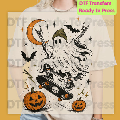 Halloween Skater Ghost DTF Transfers, Rock On Skateboarding Skeleton Crescent Moon Pumpkins Bats Spooky Ready to Press