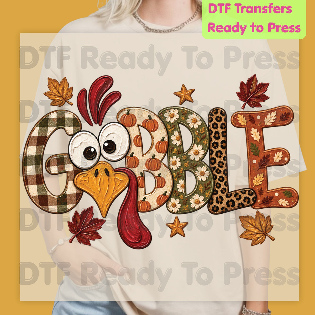 Thanksgiving DTF Transfer, Gobble Turkey Face, Plaid Leopard